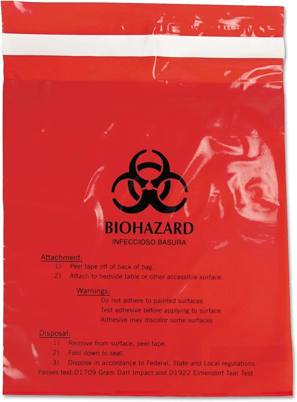 Convenient 2 Mil Stick-On Biohazard Red Medical Waste Bags 28 by 38 cm